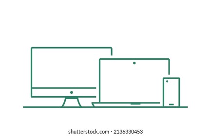 Device gadget icons, phone, laptop and desktop computer. Vector illustration