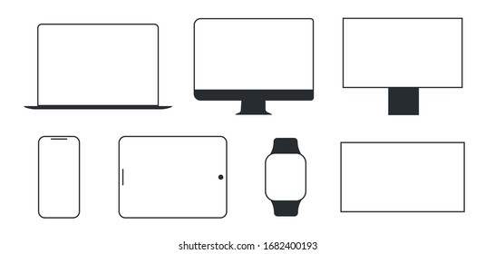 Device And Gadget Line Art Set. Modern Electronic Devices. Compact Personal Computer, Smartphone, Mobile Phone, Laptop. Popular Devices. Vector Illustration