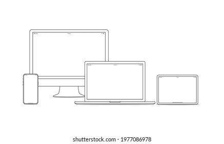 Device and gadget line art set. Laptop, smartphone, modern portable and compact personal computer machines for home and office work. Vector line art device illustration