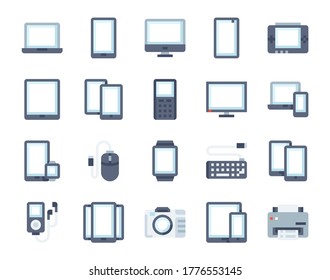 Device and Gadget vector icon set. Electronics and Mobile phones color flat style icons. Gadget related colorful icon collection.