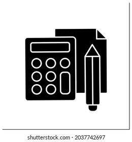 Device glyph icon. Calculator, pencil and sheets of paper. Device for counting.Office concept. Filled flat sign. Isolated silhouette vector illustration