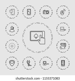 Device icon. collection of 13 device outline icons such as laptop connection, vacuum cleaner, heartbeat on phone, support. editable device icons for web and mobile.