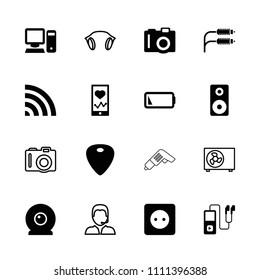 Device icon. collection of 16 device filled and outline icons such as camera, heartbeat on phone, wi-fi, guitar mediator. editable device icons for web and mobile.