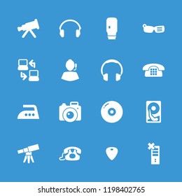Device icon. collection of 16 device filled icons such as telescope, disc, headphones, camera lense, smart glasses, support. editable device icons for web and mobile.