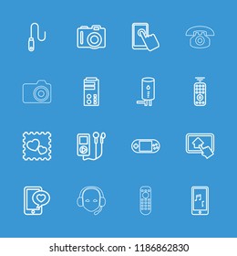 Device icon. collection of 16 device outline icons such as camera, mp3 player, photo with heart, phone with heart, touchscreen. editable device icons for web and mobile.
