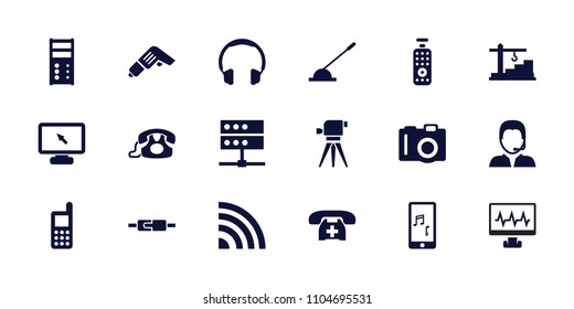Device icon. collection of 18 device filled icons such as camera, phone, headphones, arm lever, mobile phone music, server, signal. editable device icons for web and mobile.