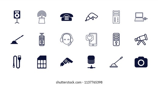 Device icon. collection of 18 device filled and outline icons such as loudspeaker, camera, wire, memory card, cpu, drill, telescope. editable device icons for web and mobile.