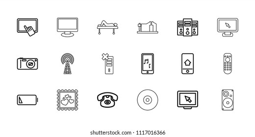 Device icon. collection of 18 device outline icons such as finger on tablet, display, desk phone, mobile phone music, server, camera. editable device icons for web and mobile.