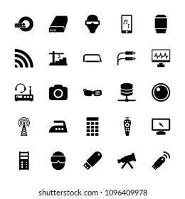 Device icon. collection of 25 device filled icons such as telescope, remote control, wi-fi, flash drive, mobile phone music, server. editable device icons for web and mobile.