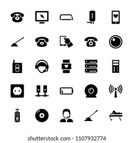 Device icon. collection of 25 device filled icons such as display, disc, desk phone, operator, arm lever, server, support. editable device icons for web and mobile.