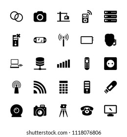 Device icon. collection of 25 device filled icons such as signal tower, plug socket, cpu, theodolite, support, signal, desk phone. editable device icons for web and mobile.