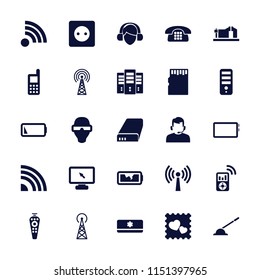 Device icon. collection of 25 device filled icons such as signal tower, plug socket, phone, cpu, photo with heart, remote control. editable device icons for web and mobile.