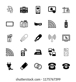 Device icon. collection of 25 device filled and outline icons such as heartbeat on phone, desk phone, server, usb drive, plug. editable device icons for web and mobile.