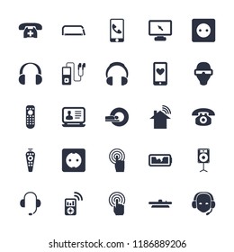 Device icon. collection of 25 device filled icons such as plug socket, laptop, remote control, touchscreen, loudspeaker. editable device icons for web and mobile.