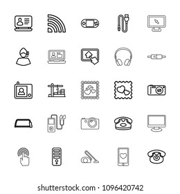 Device icon. collection of 25 device outline icons such as desk phone, laptop, cpu, hacksaw, photo with heart, portable console. editable device icons for web and mobile.