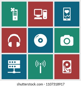 Device icon. collection of 9 device filled icons such as signal tower, disc, heartbeat on phone, server, camera, pc, hard disc. editable device icons for web and mobile.