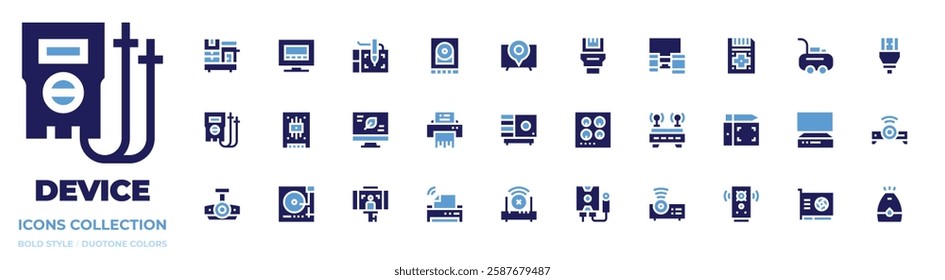 Device icon collection. Bold style. Duotone colors. device, storage, projector, air compressor, shredder, kitchen hood, wifi, video card, leaf, smart tv, connectivity, copy machine, hdmi cable, ssd.