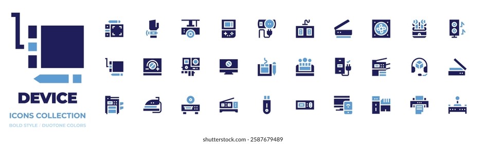 Device icon collection. Bold style. Duotone colors. earbuds, headphone, printer, game console, computer, smart board, iron, remote control, thermostat, tablet, bubble, photocopier, dvd player, usb.