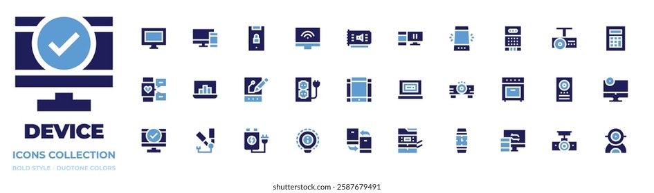 Device icon collection. Bold style. Duotone colors. responsive, checked, voice recorder, laptop, oven, calculator, syncing, photocopier, monitor, wifi, socket, idea, projector, locked, drawing tablet.