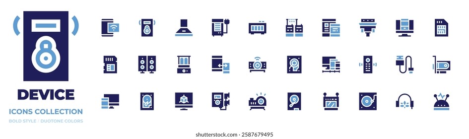 Device icon collection. Bold style. Duotone colors. wifi, memory card, devices, projector device, hardware, air conditioner, extractor hood, responsive, food steamer, tablet, usb cable, monitor.