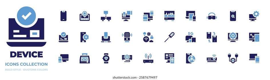 Device icon collection. Bold style. Duotone colors. smartphone, electronics, ecg, devices, gps navigator, online booking, vr glasses, settings, vascular closure device, search, vital signs, iot.