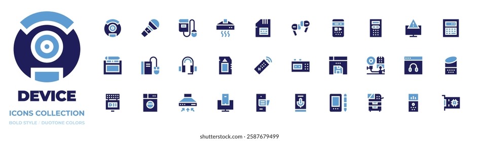 Device icon collection. Bold style. Duotone colors. phone, headphones, kitchen hood, tablet, recorder, vacuum cleaner, voice, alarm, pop, graphic tablet, photocopier, extensometer, host, calculator.