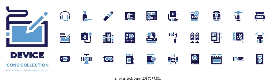 Device icon collection. Bold style. Duotone colors. device, headphones, speakers, hydraulic jack, electronic cigarette, air pump, graphic tablet, total station, water heater, projector, laptop.