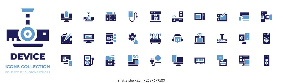 Device icon collection. Bold style. Duotone colors. ram, devices, device, electronic device, coffee machine, responsive design, router, photocopier, tablet, socket, responsive, dslr camera, tv box.