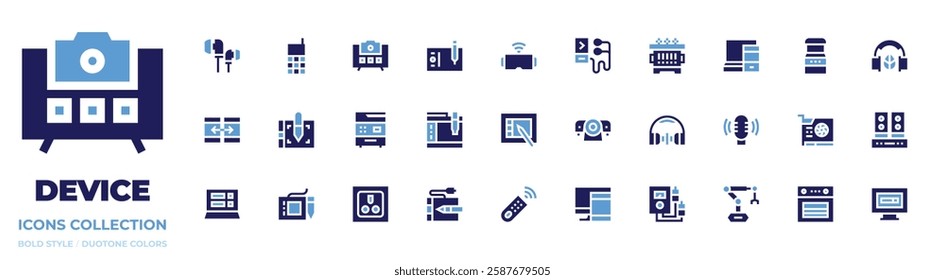 Device icon collection. Bold style. Duotone colors. speakers, microphone, robotic arm, computer, vr glasses, camera, copy machine, socket, transformer, headphones, graphic tablet, voltmeter, oven.