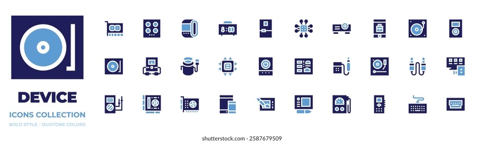 Device icon collection. Bold style. Duotone colors. vinyl record, jack, projector, meter, keyboard, alarm clock, fridge, cpu, smartwatch, responsive, hob, music player, pot, graphic card, power bank.