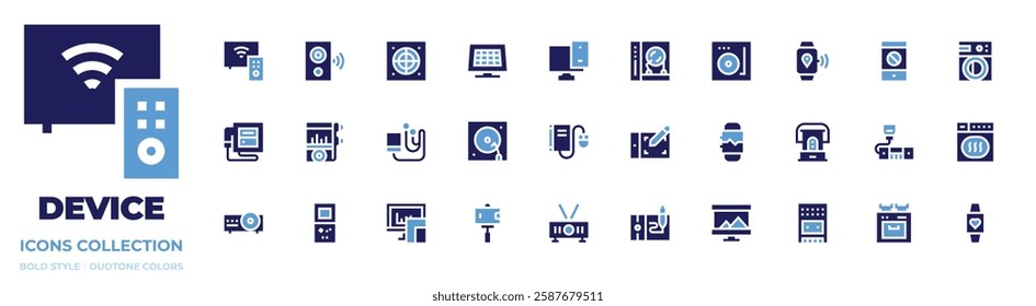 Device icon collection. Bold style. Duotone colors. smartphone, smart tv, ultrasound, projector, kerosene, recording, speaker, washing machine, mp, dj, drying machine, game console, graphic tablet.