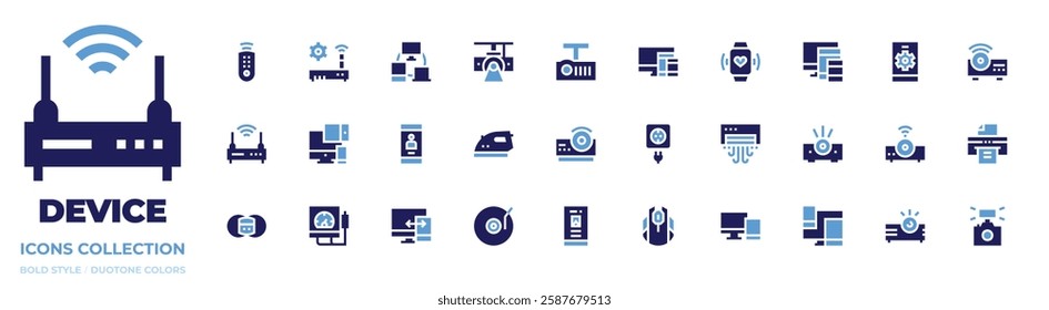 Device icon collection. Bold style. Duotone colors. router, remote control, responsive, smartwatch, air conditioning, voltmeter, smartphone, devices, pain management device, device, projector.