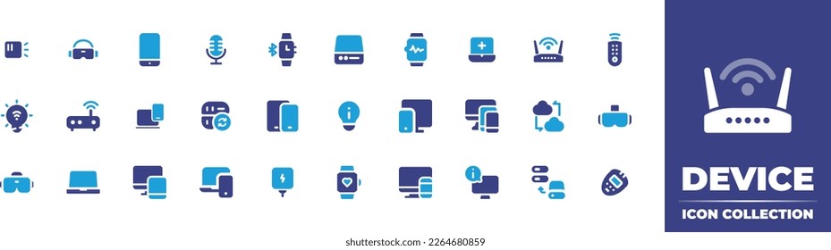 Device icon collection. Duotone color. Vector illustration. Containing sensor, vr glasses, smartphone, mic, smartwatch, harddisk, online assistance, modem, remote control, smart bulb, router.