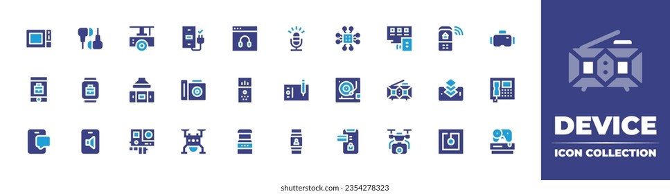 Device icon collection. Duotone color. Vector and transparent illustration. Containing remote control, vr glasses, layers, landline, nfc, game console, microwave, earphones, mobile, and more.