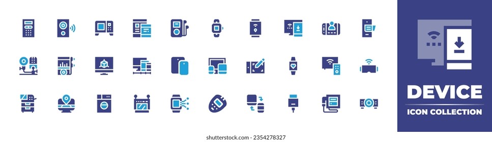 Device icon collection. Duotone color. Vector and transparent illustration. Containing tablet, monitor, smartwatch, thermometer, videocall, phone, smart tv, vr glasses, ultrasound, and more.