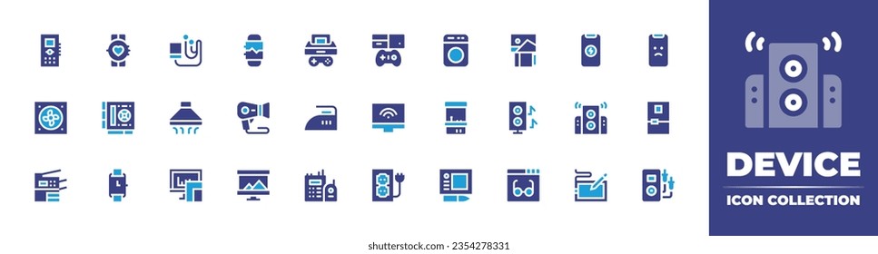 Device icon collection. Duotone color. Vector and transparent illustration. Containing charging, sad, speakers, fridge, digital drawing, voltmeter, game console, iron, wifi, walkie talkies, and more.