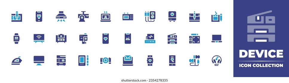 Device icon collection. Duotone color. Vector and transparent illustration. Containing iron, computer, multimeter, water heater, seismograph, copy machine, kitchen hood, projector, and more.