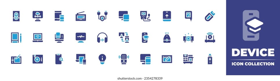 Colección de iconos de dispositivo. Color de duotona. Ilustración vectorial y transparente. Contienen dispositivos, monitorado, búsqueda, cable usb, receptivo, audio, conectado, bombilla de ideas, asistente de voz, y más.