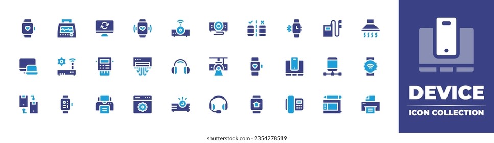 Sammlung von Gerätesymbolen. Duotonfarbe. Vektorgrafik und transparente Illustration. Mit intelligenter Uhr, lebenswichtigen Zeichen, reaktionsfähigem Router, Change, Testing, intelligenter Uhr, Geräten, Aktualisierung, Fax und mehr.