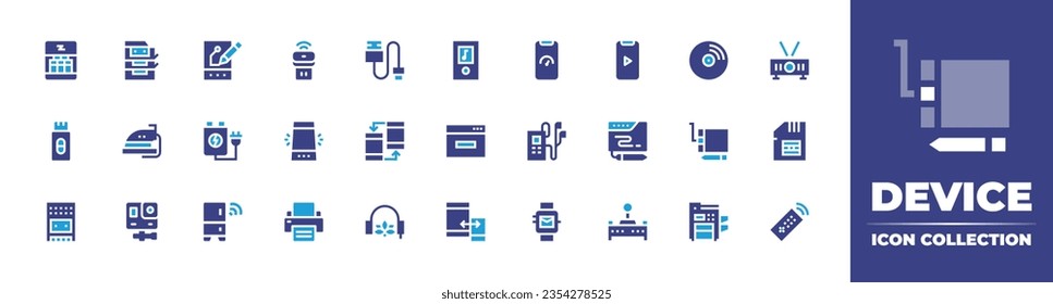 Device icon collection. Duotone color. Vector and transparent illustration. Containing charging, copy machine, pen drive, iron, recording, cam, performance, play, mp player, graphic tablet, and more.