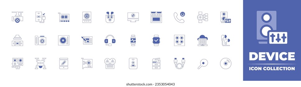 Device icon collection. Duotone style line stroke and bold. Vector illustration. Containing projector, phone charger, graphic card, power bank, airpods, computer, oven, calling, smartwatch, and more.