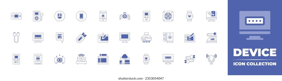 Device icon collection. Duotone style line stroke and bold. Vector illustration. Containing game console, player, mouse, smartphone, projector, extractor, smartwatch, sata, smart tv, and more.