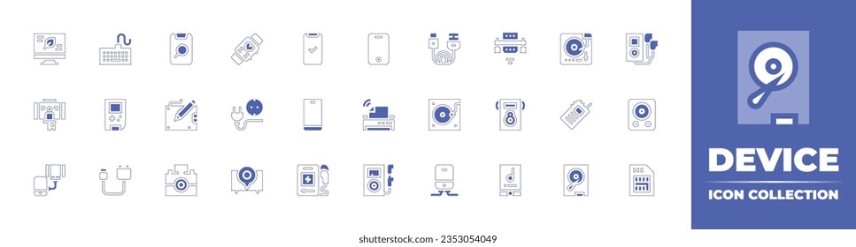 Device icon collection. Duotone style line stroke and bold. Vector illustration. Containing leaf, keyboard, smartphone, smartwatch, done, hdmi, vga cable, turntable, mp player, selfie, and more.