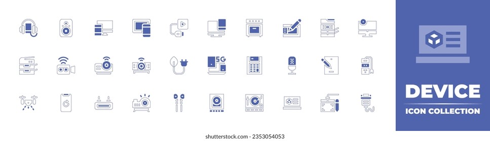 Colección de iconos de dispositivo. Curso de línea de estilo duotónico y negrita. Ilustración vectorial. Conteniendo escucha, altavoces, dispositivos, dispositivo, enchufe y reproducción, horno, wacom, fotocopiadora, monitor, broadcast y más.