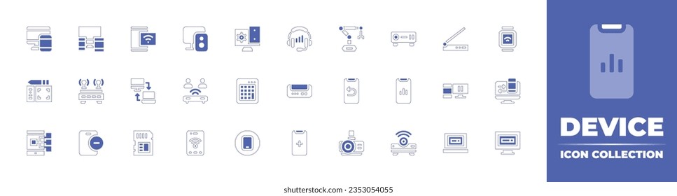 Colección de iconos de dispositivo. Curso de línea de estilo duotónico y negrita. Ilustración vectorial. Contienen dispositivos, dispositivos, wifi, auriculares, brazo robótico, proyector, escáner, reloj inteligente, dispositivo electrónico y más.