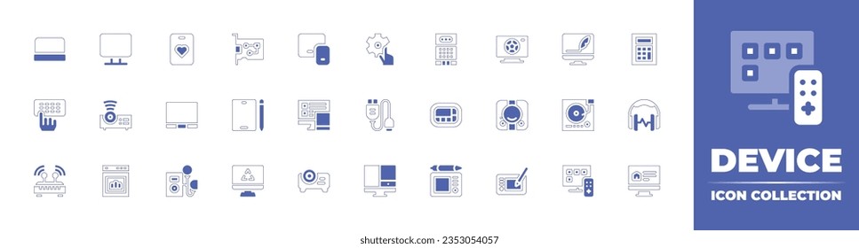 Device icon collection. Duotone style line stroke and bold. Vector illustration. Containing device, favorite, network interface card, voice recorder, tv, computer, calculator, keyboard, and more.