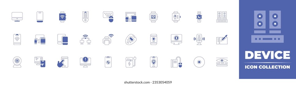 Device icon collection. Duotone style line stroke and bold. Vector illustration. Containing computer, smartphone, smartwatch, remote control, keyboard and mouse, monitor, watch, speakers, and more.