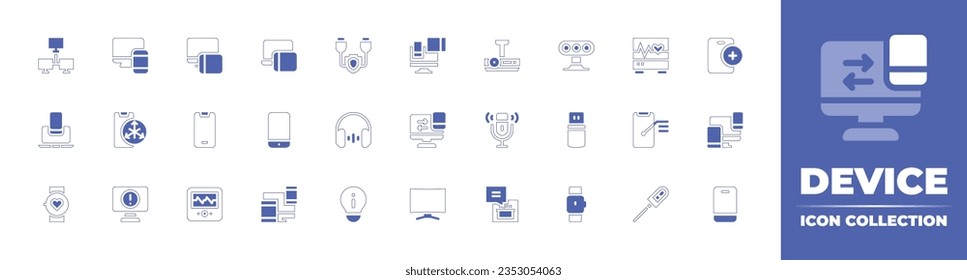 Sammlung von Gerätesymbolen. Duotone Stil Linie Strich und fett. Vektorgrafik. Enthält Module, reaktionsfähiges, USB-Kabel, Elektronik, Projektor, Bewegungssensor, ecg, add, kompatible und mehr.