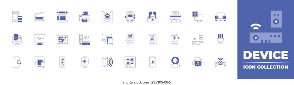 Device icon collection. Duotone style line stroke and bold. Vector illustration. Containing ipad, radio, graphic tablet, printing, game console, watch, earphones, typewriter, smart tv, devices.