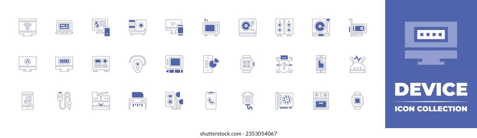 Colección de iconos de dispositivo. Curso de línea de estilo duotónico y negrita. Ilustración vectorial. Consta de tv inteligente, laptop, diseño ui, proyector, respuesta, tv, tornable, altavoz, tarjeta de video, computadora y más.